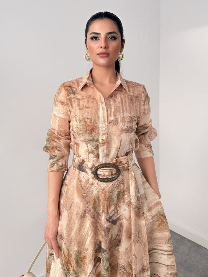 Retro Beige Abstract Print Two-Piece Set Beige Top