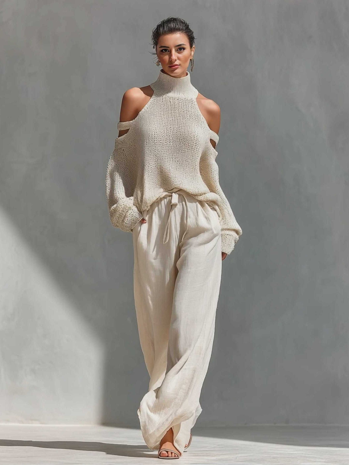 Casual Open-shoulder Knitted Top Wide-leg Pants Two-piece Set Cream