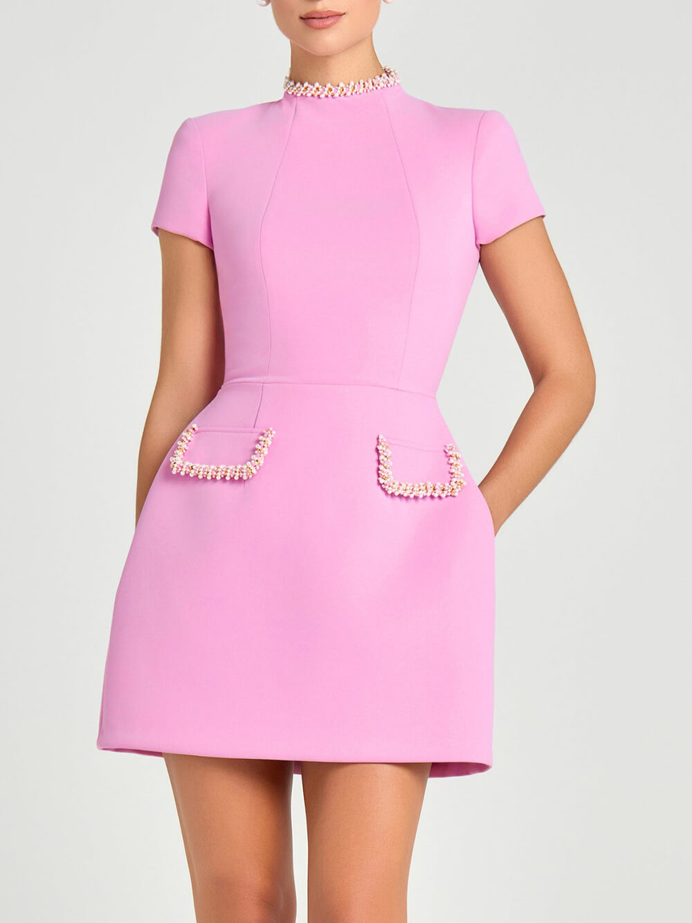 Elegant and Sweet Scent Pearl Trim Short Sleeve Pocketed Mini Dress Pink