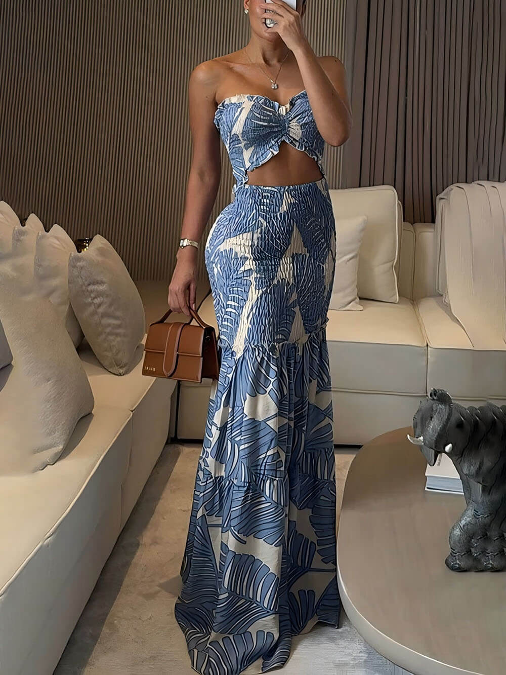 Exquisite Floral Smocked Cutout Halter Fishtail Stretch Maxi Dress White