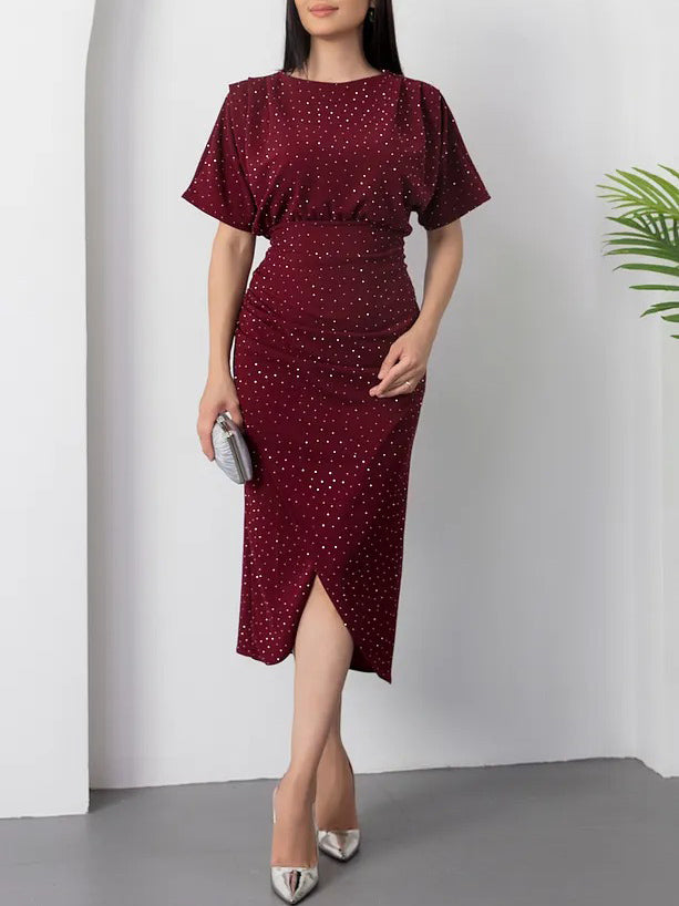 Elegant Round Neck Silver Polka Dot Print Slit Dress Dark Red