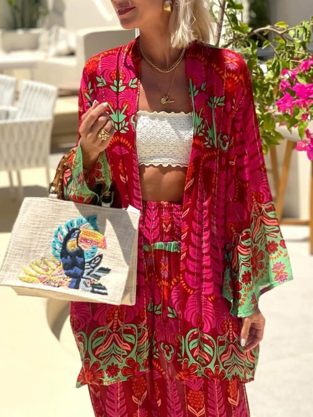 Unique Ethnic Floral Print Loose Oversized Shirt Red