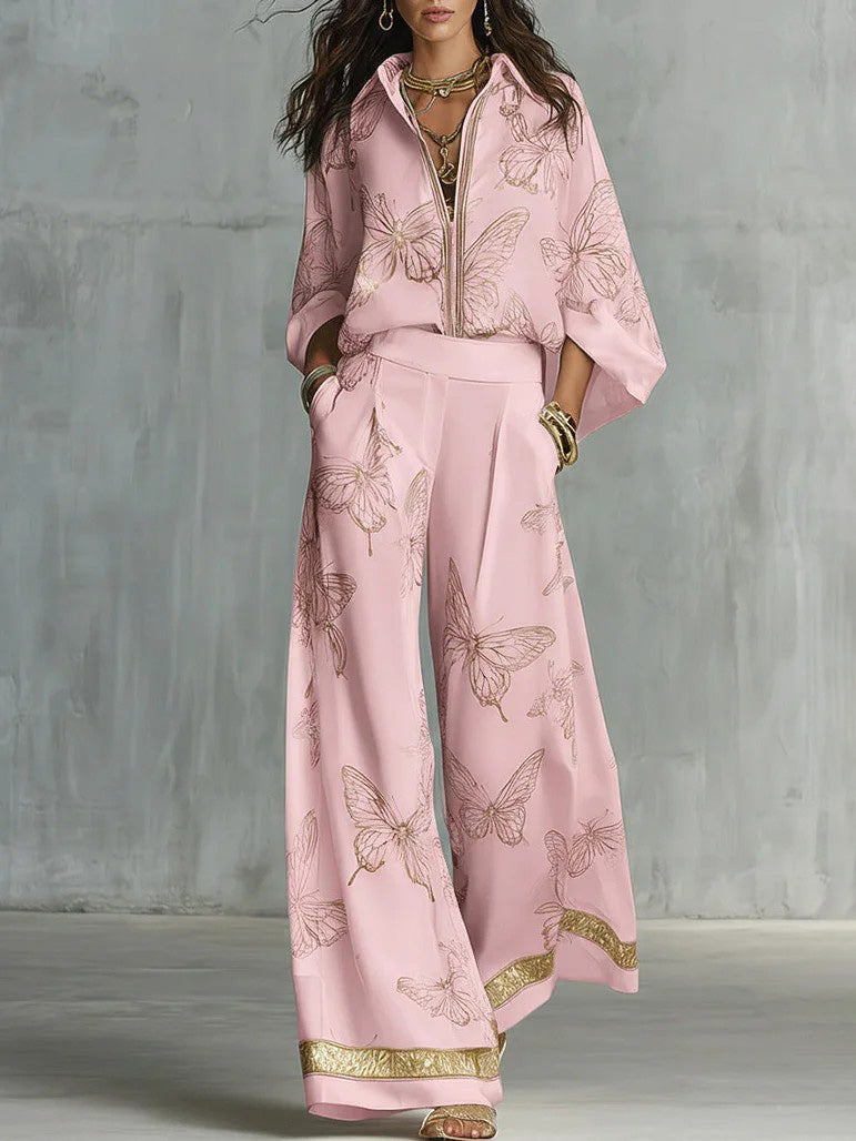 Elegant Butterfly Print Zip-Up Top & Wide Leg Pants Set Pink Set