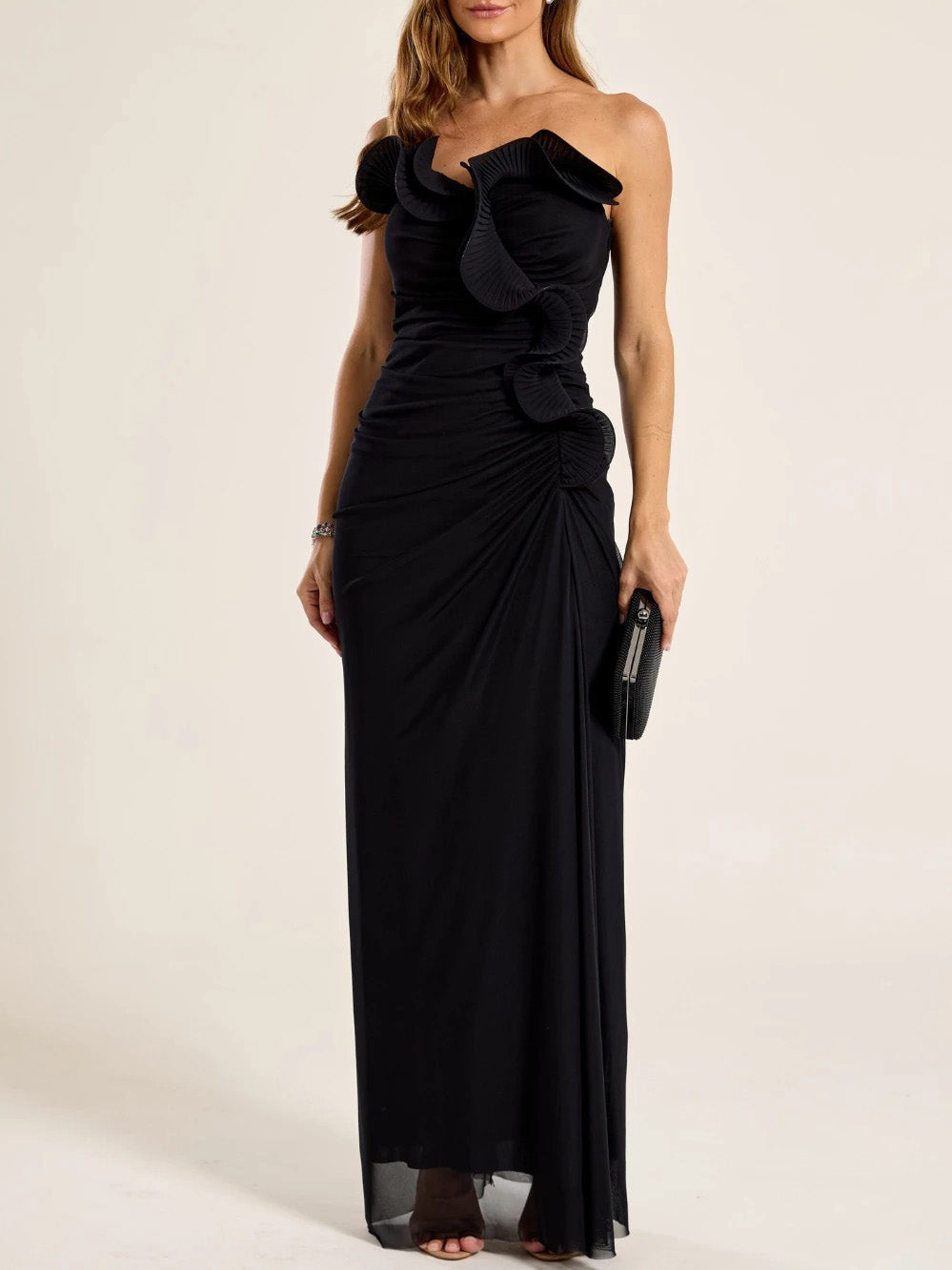 Elegant Strapless Ruched Floral Applique Maxi Dress Black