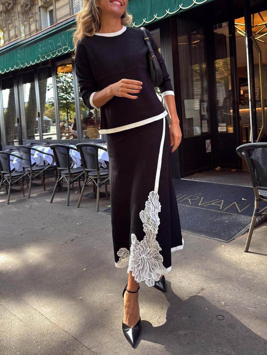 Classic Colorblock Lace Floral Midi Skirt