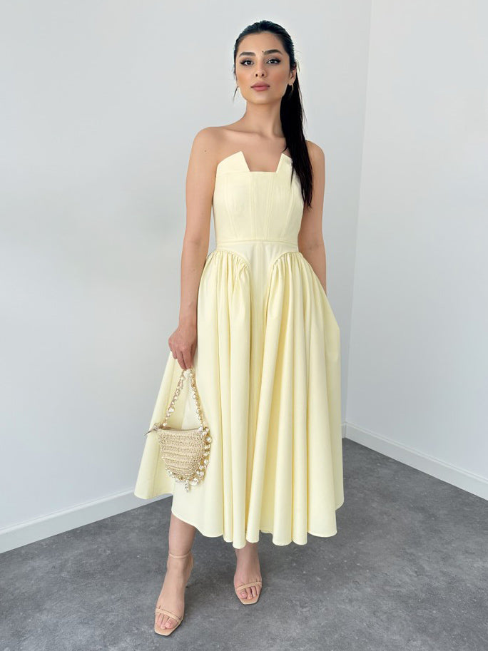 Elegant Strapless A-line Party Midi Dress Yellow