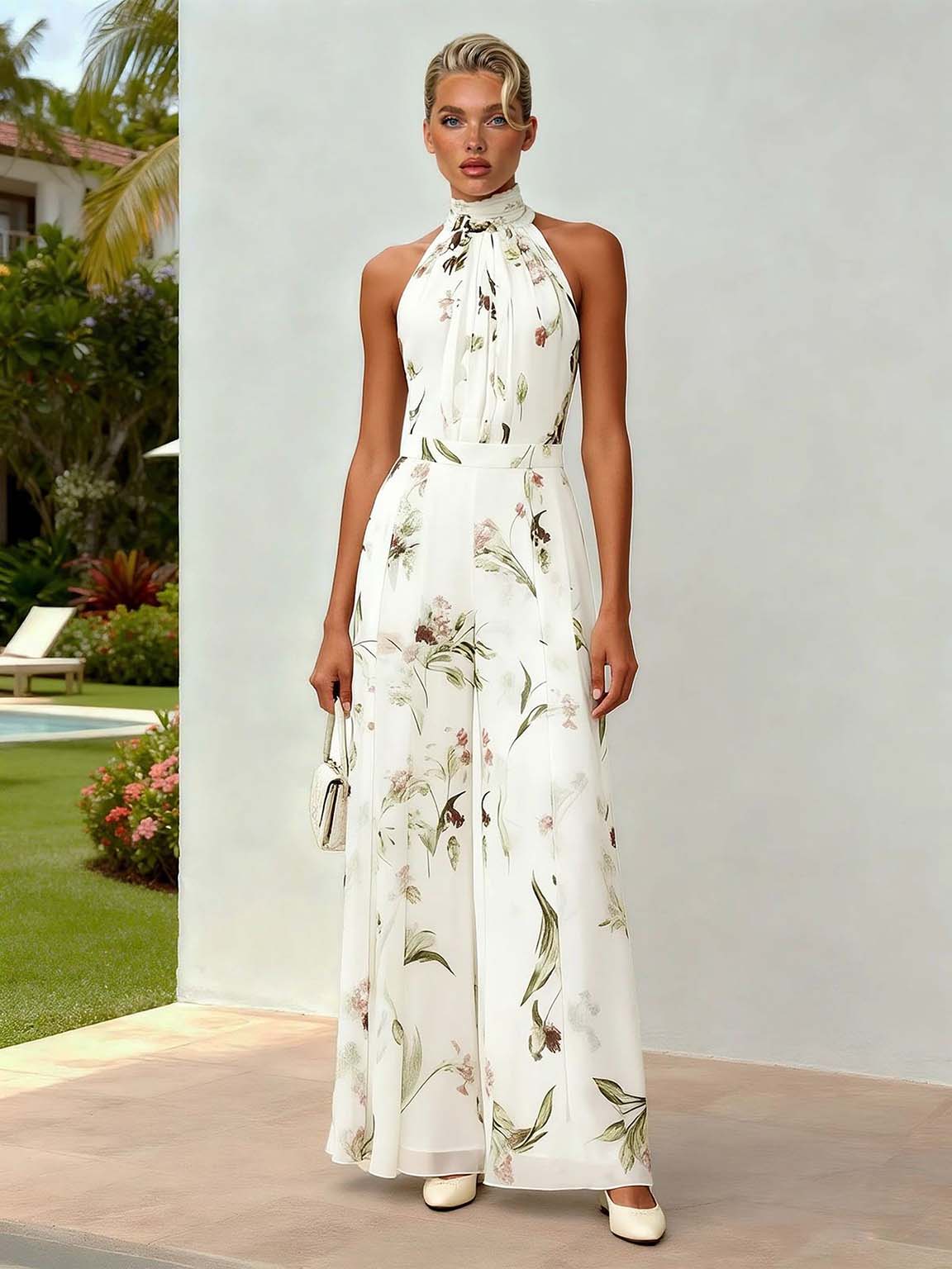 Elegant Print Halter Neck Wide-Leg Jumpsuit White