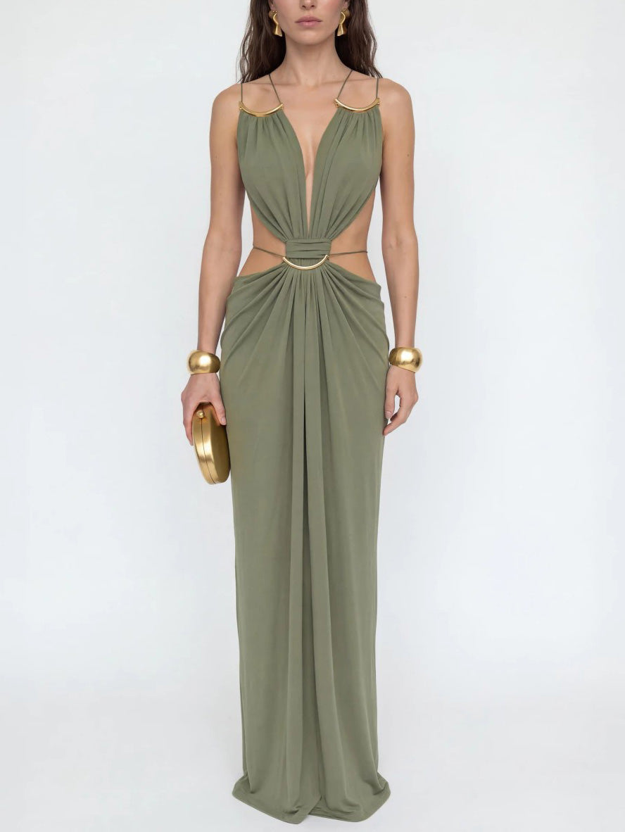 Sexy Metal Chain Cut-Out Backless Lace-Up Draped Maxi Dress Green