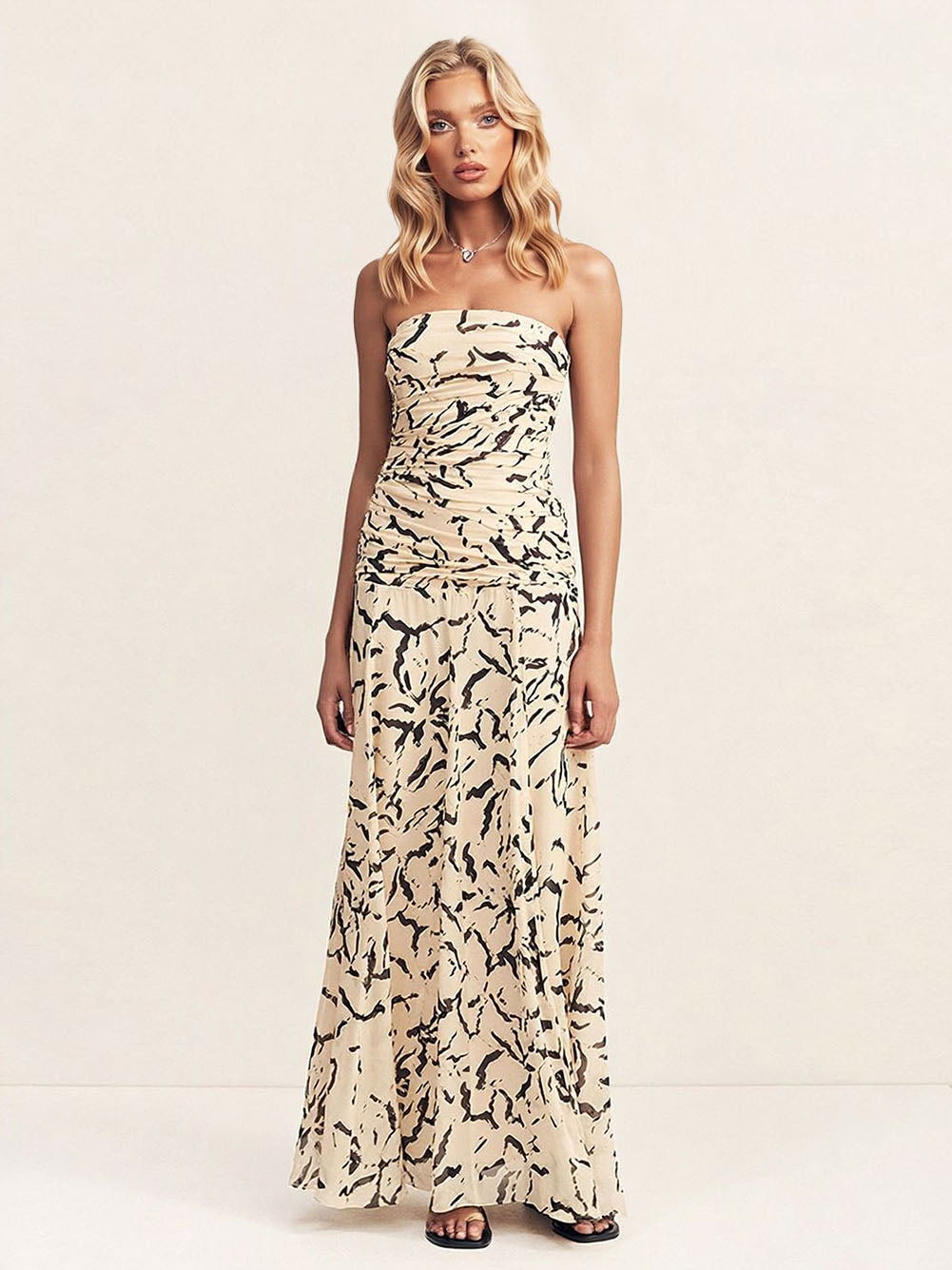 Elegant Strapless Abstract Brushstroke Print Flowy Maxi Dress Apricot