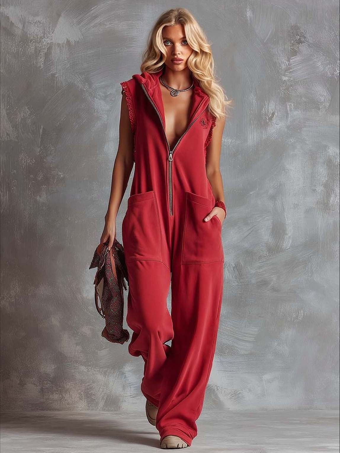 Retro Hooded V-Neck Zip-Front Jumpsuit Red