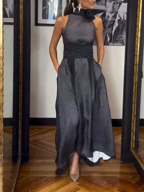 Elegant Halterneck Polka Dot Print Maxi Dress Black