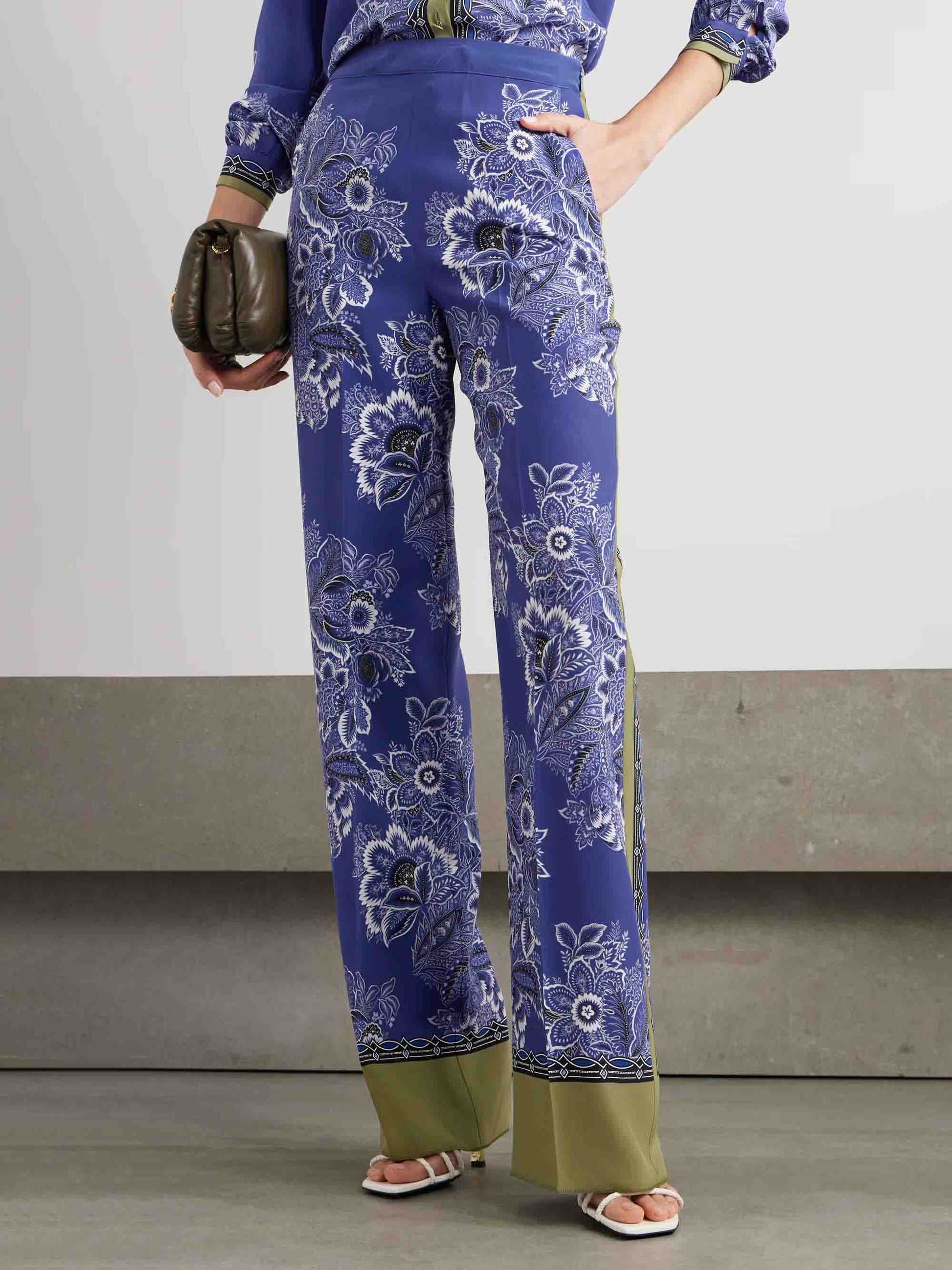 Retro Bohemian Floral Print Satin Pants Blue