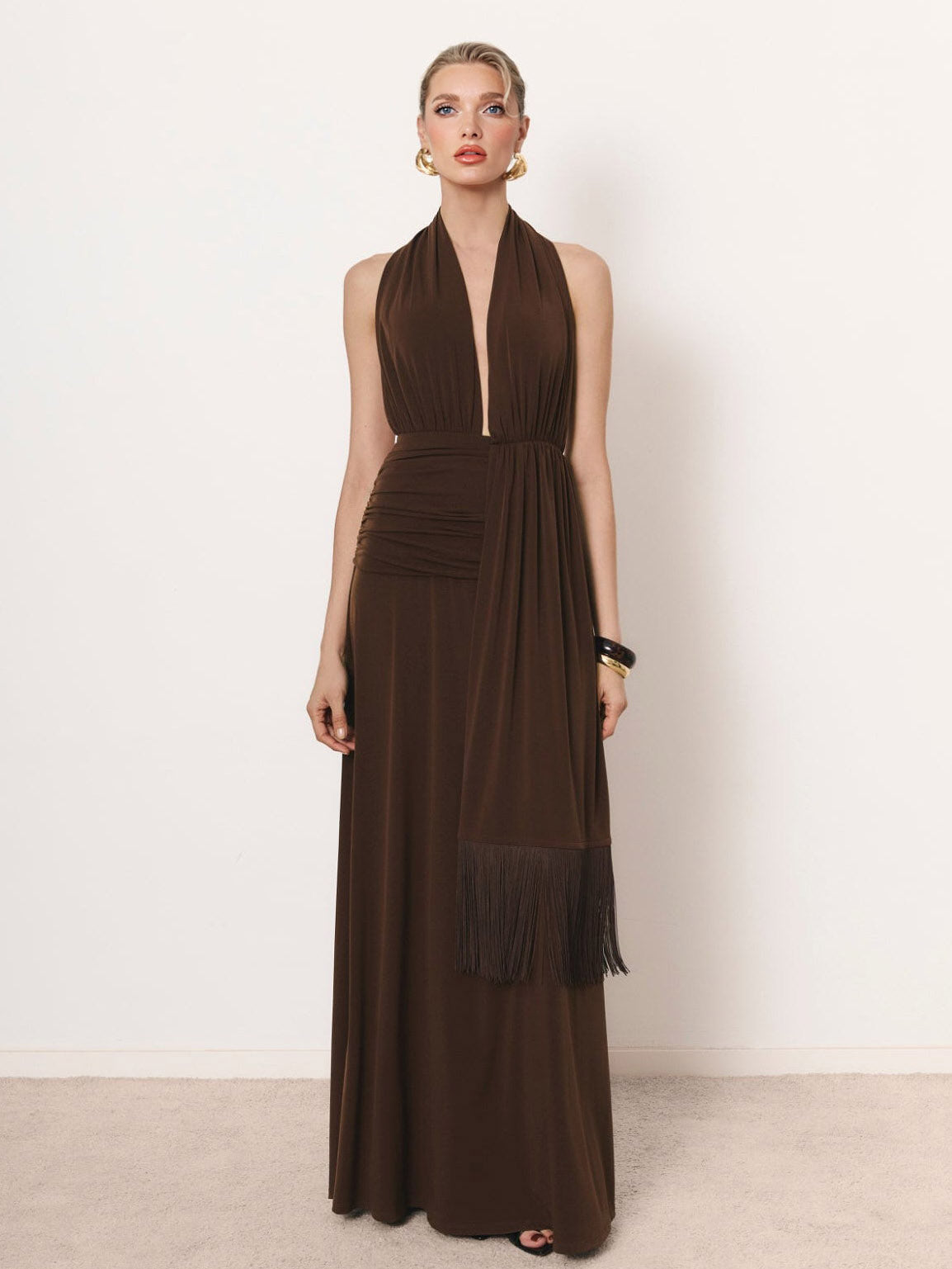 Sexy Deep V-Neck Fringe Party Maxi Dress Brown