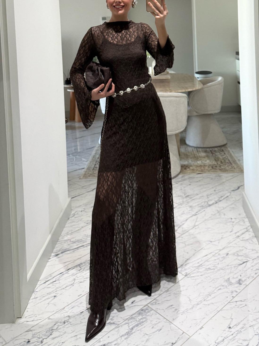 Elegant Lace Long-sleeved Maxi Dress Brown