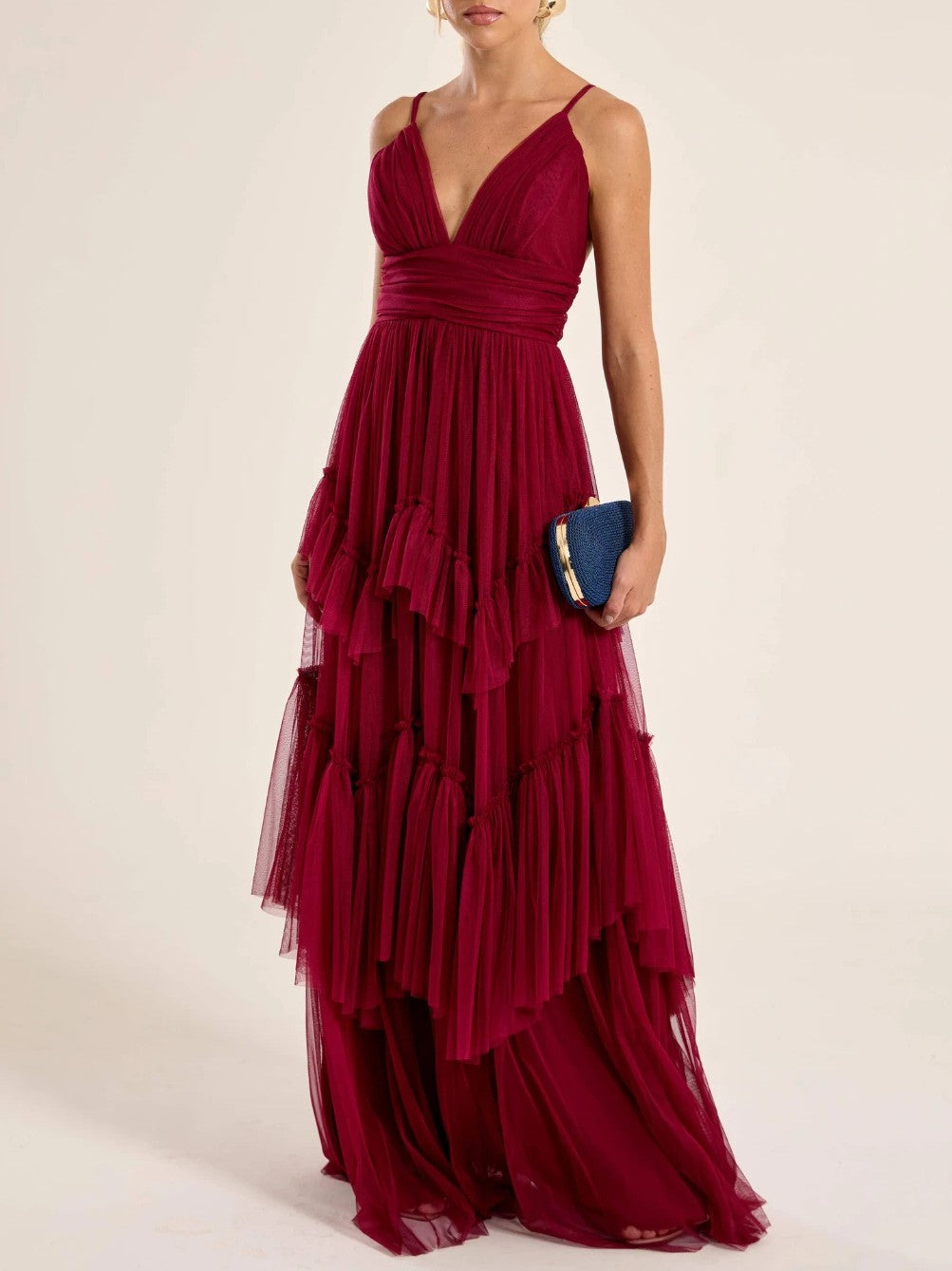 Elegant Deep V-Neck Tiered Tulle Maxi Dress Dark Red