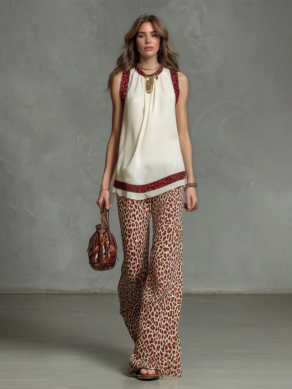 Fashion Leopard Print Chiffon Top And Elastic Waist Wide-Leg Pants Set Beige Set