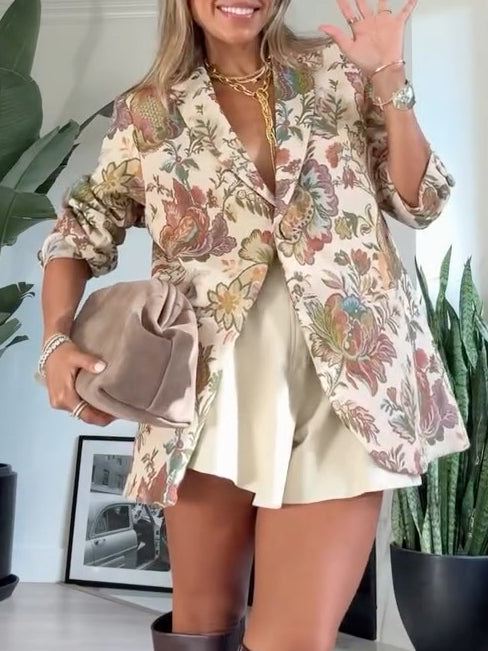 Exquisite Retro Floral Print Oversized Suit Shorts Set Multi