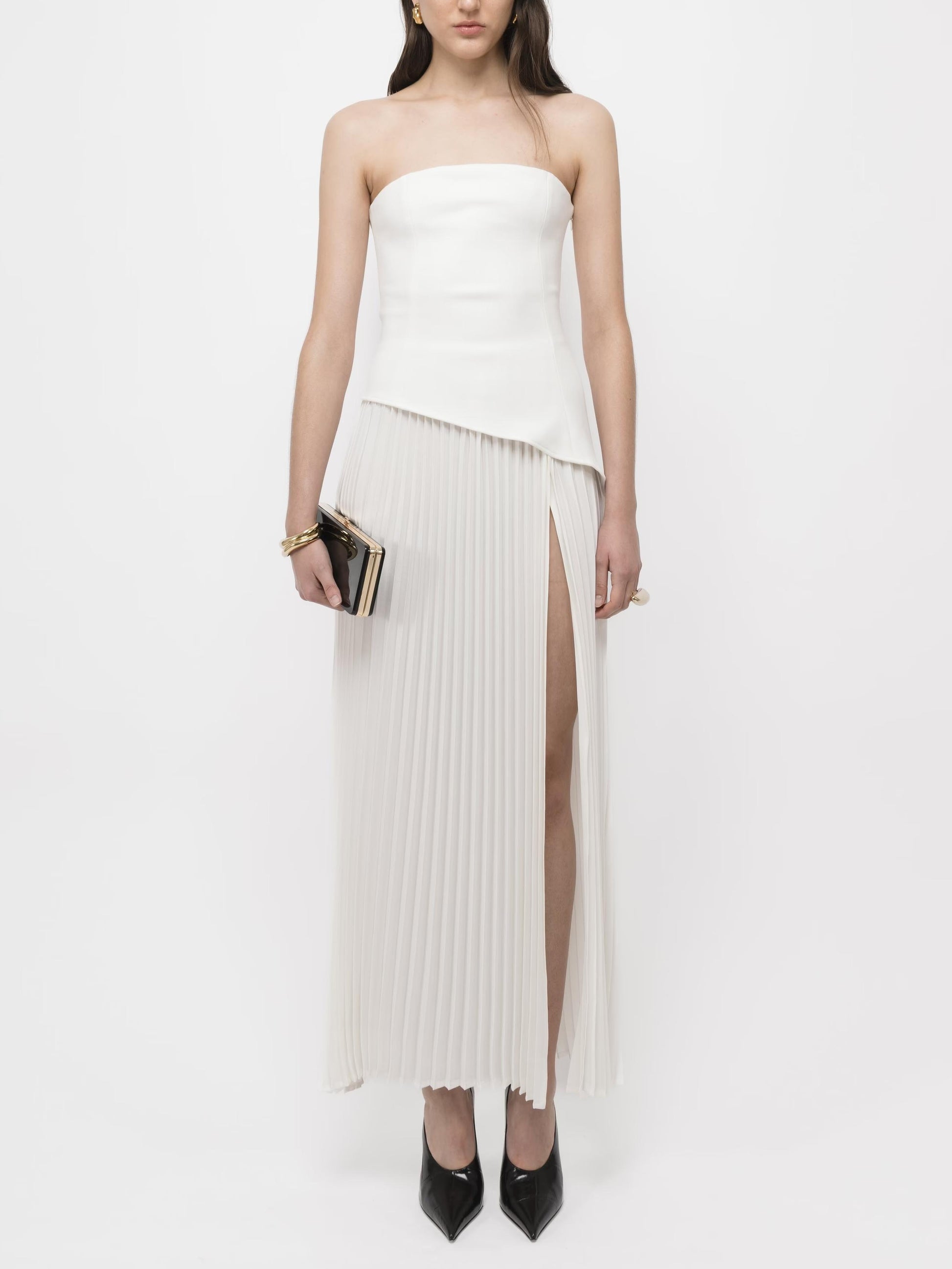 Elegant Wrap Neckline Pleated High Slit Maxi Dress