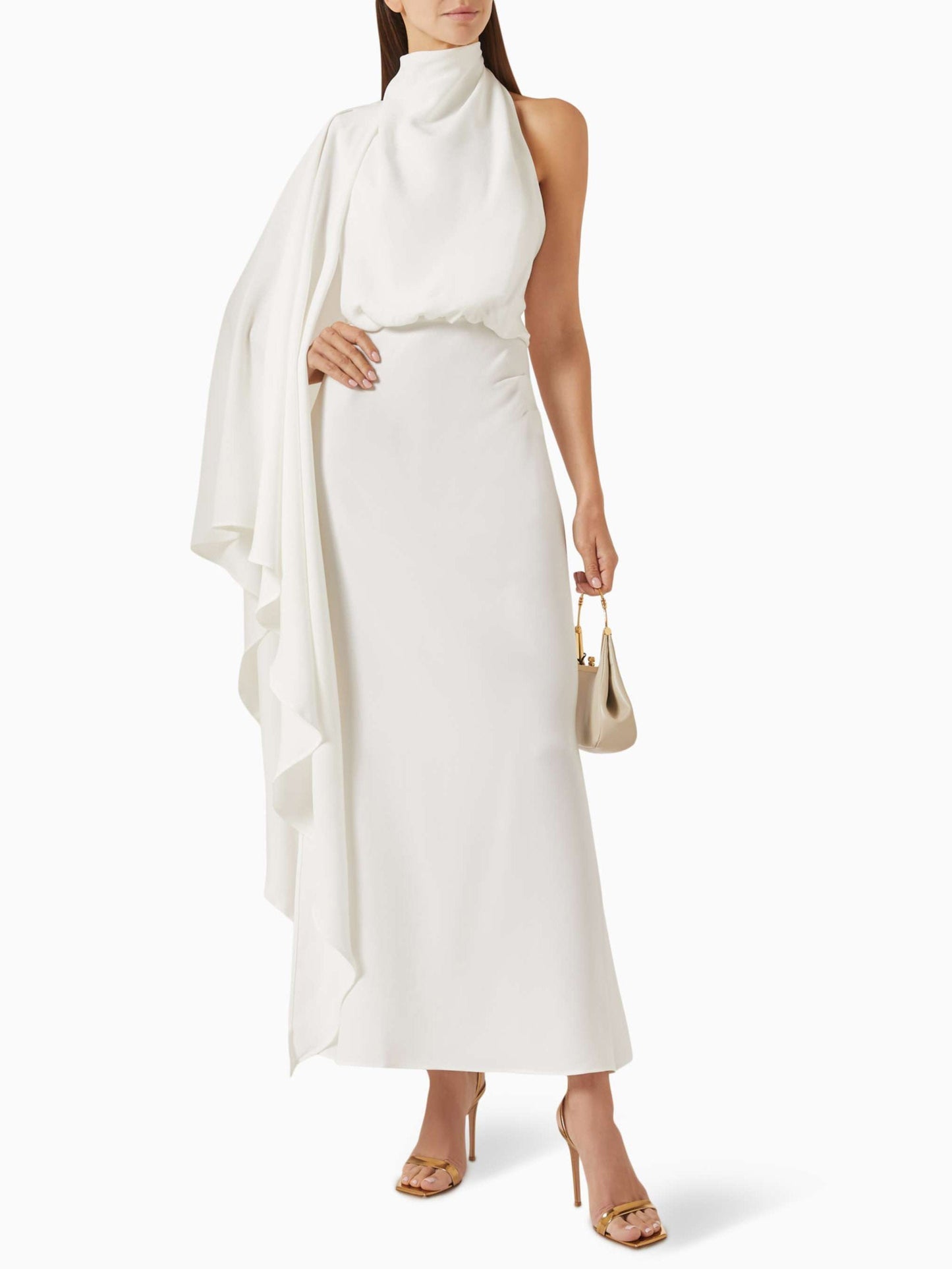 Elegantly Draped Cape-sleeved Satin Maxi Dress