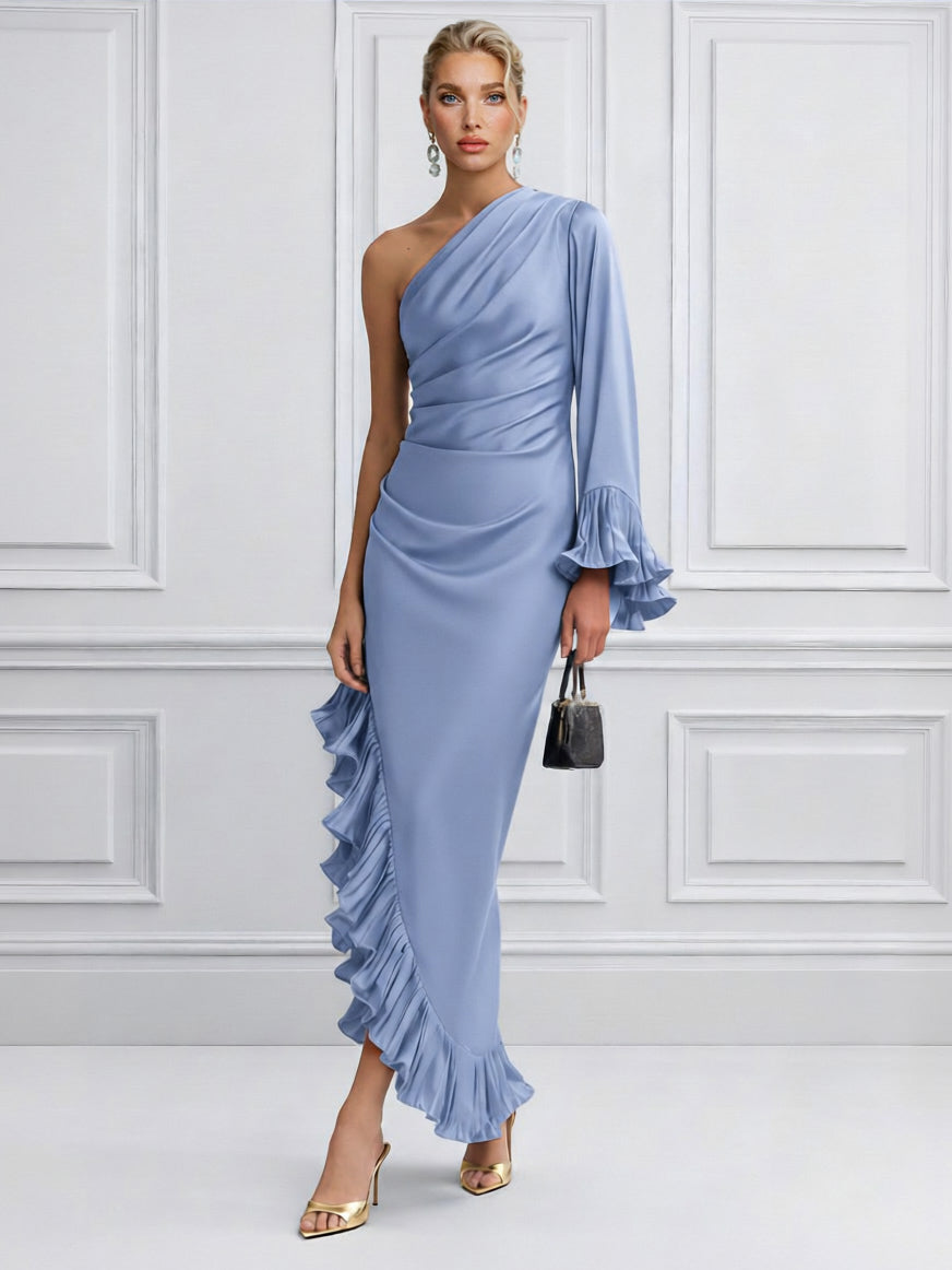One-Shoulder Ruffle Trim Satin Maxi Dress Blue