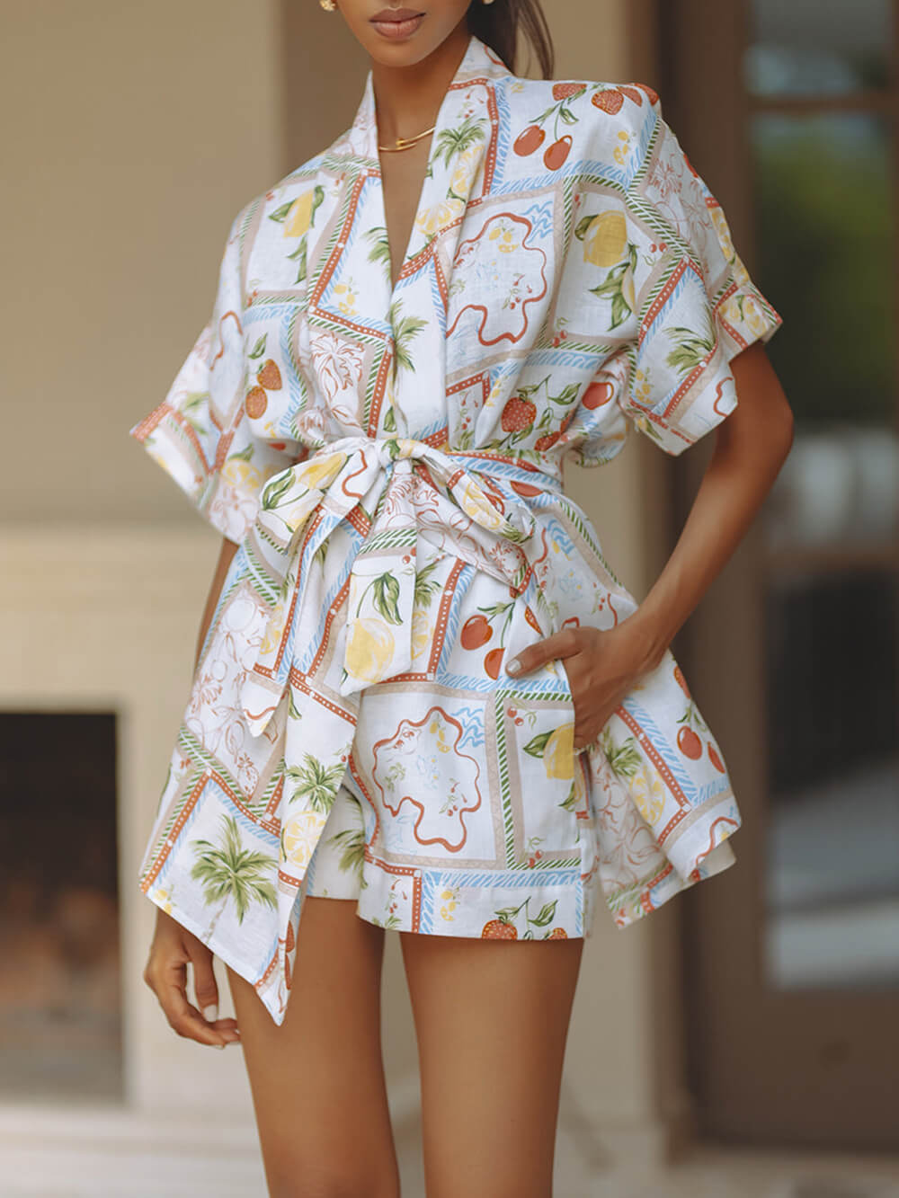 Unique Linen Floral Print Short Loose Top With Tie Pocket Shorts Set Multicolors