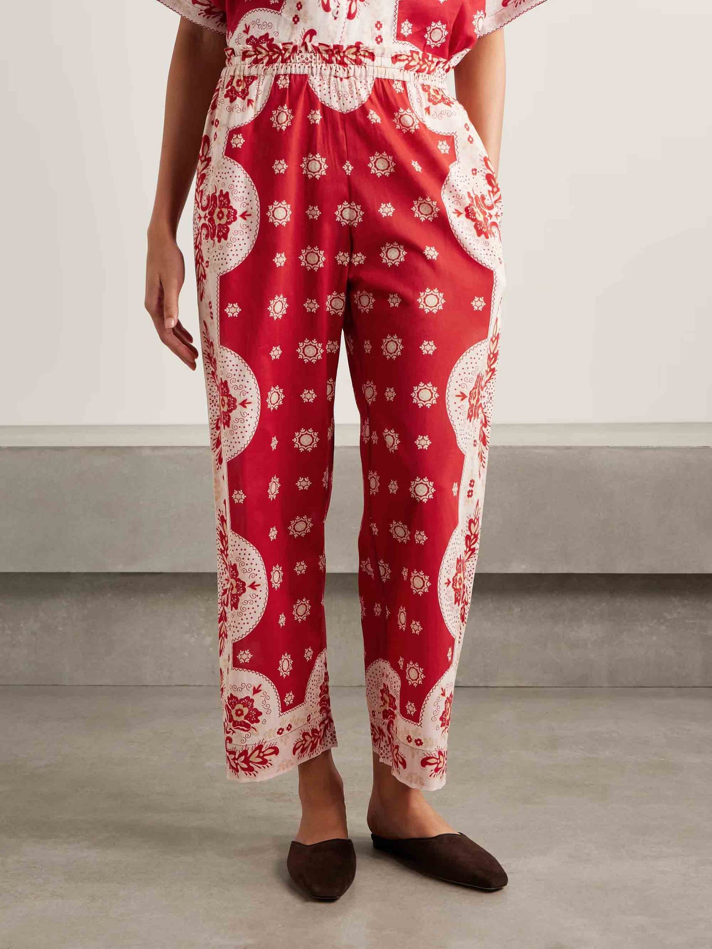 Retro Bright Floral Print Wide-leg Pants Red