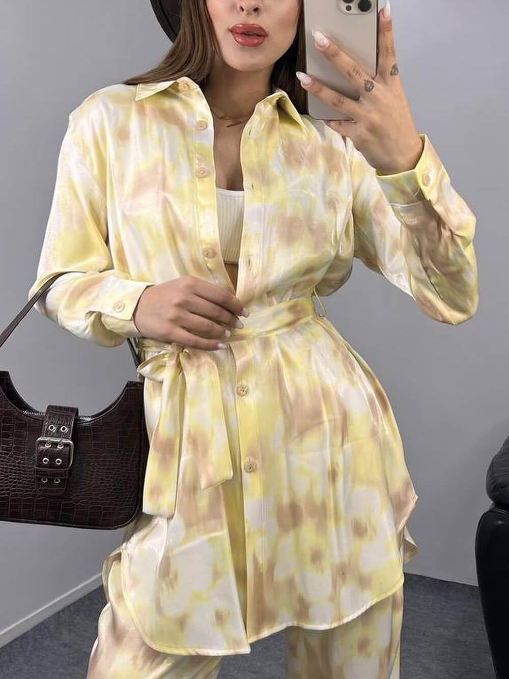 Unique Tie-Dye Print Loose Tie-Front Button-Up Shirt Yellow
