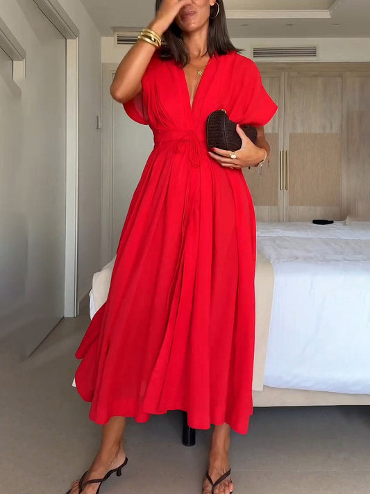 Elegant V-neck Drawstring Pleated Midi Dress