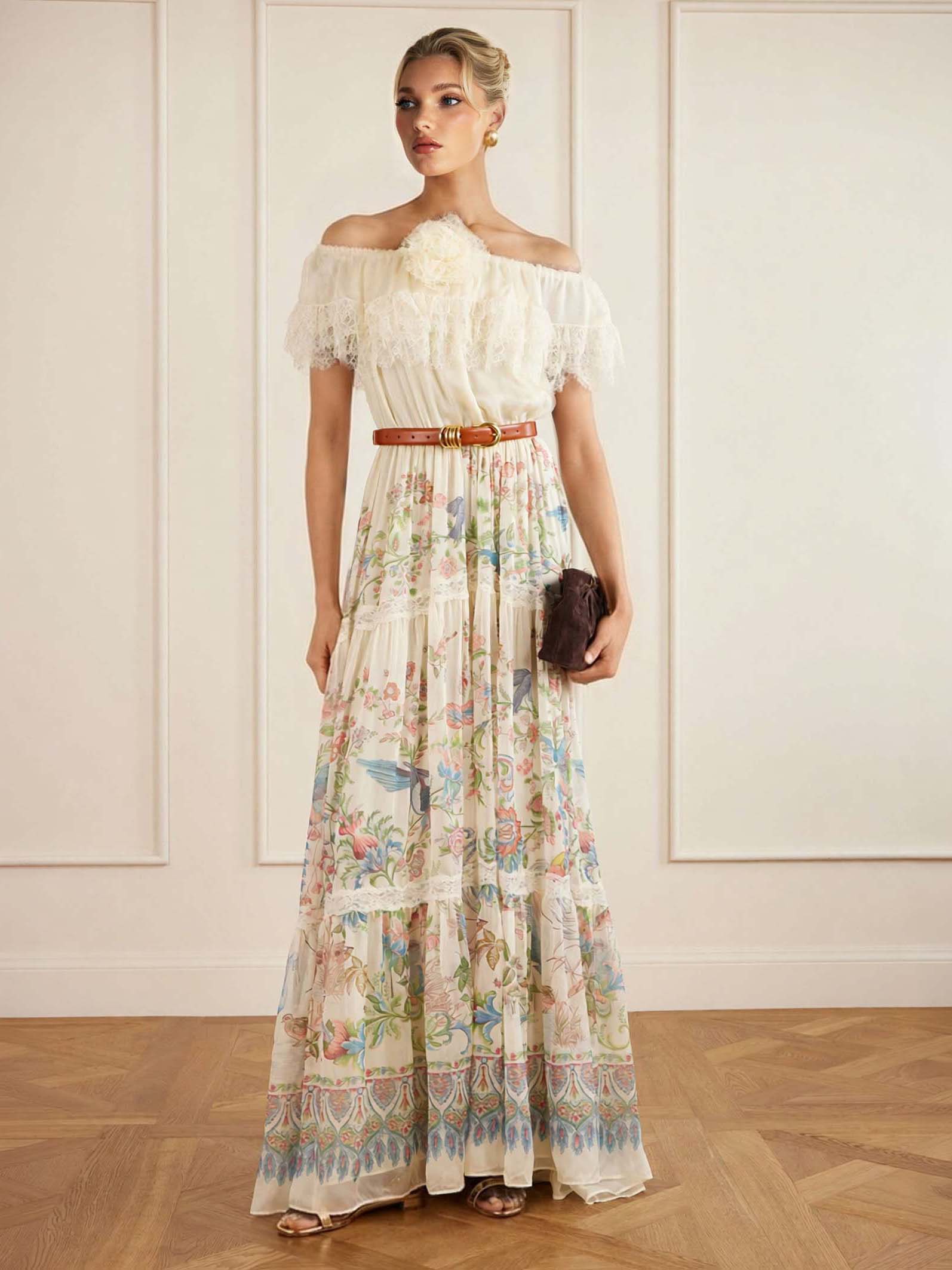 Bohemian Floral Bird Print Off-Shoulder Tiered Maxi Dress Multi