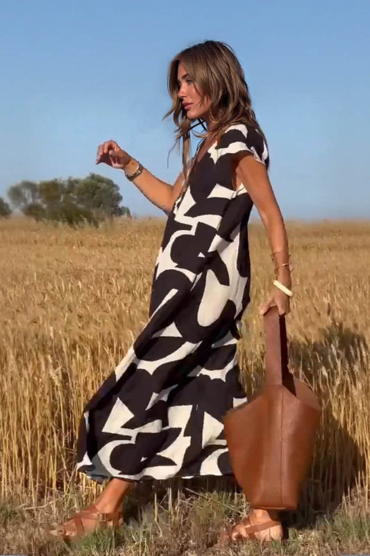 Casual Geometric Print V-neck Loose Maxi Dress