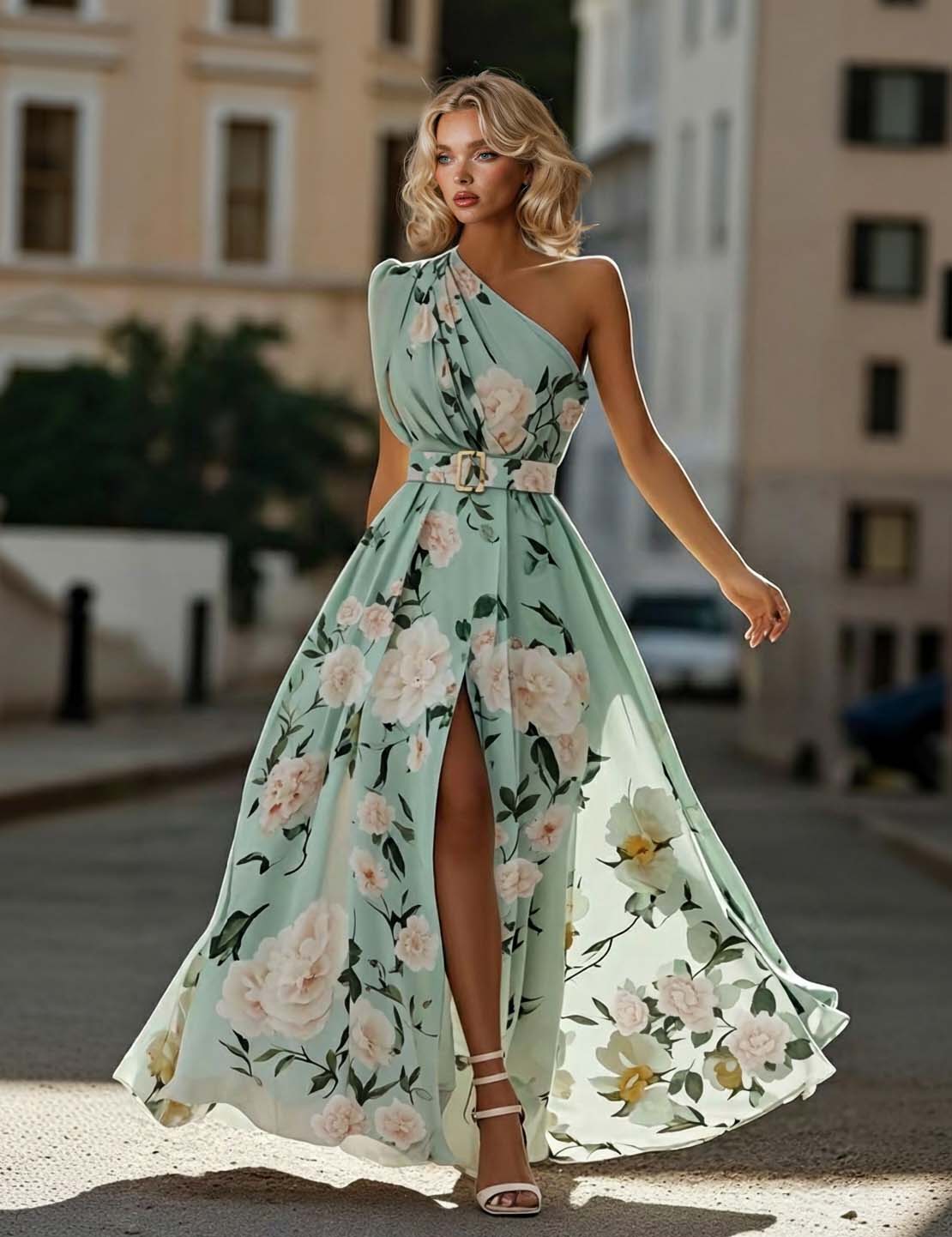 Elegant Floral Print One-shoulder Maxi Dress With Belt Green