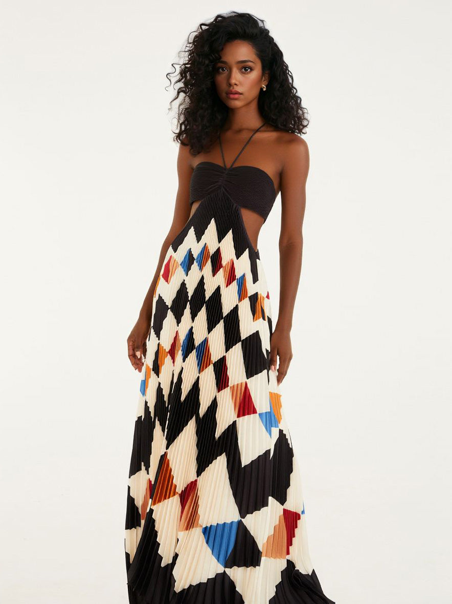 Elegant Strapless Geometric Pleated Maxi Dress Multi