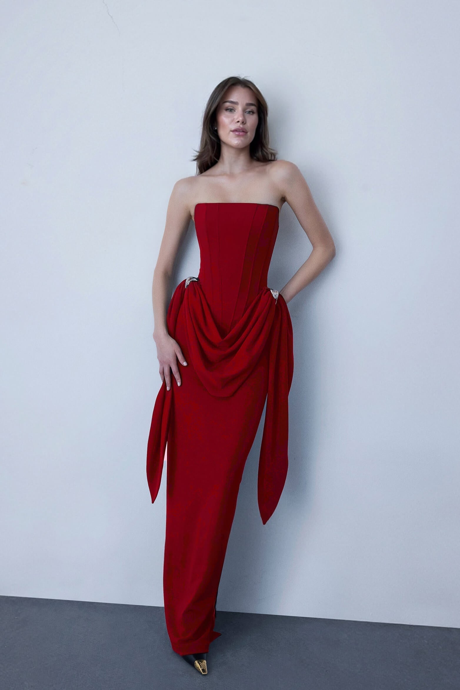 Elegant Red Strapless Ruched Metal Buckle Detail Maxi Dress Red