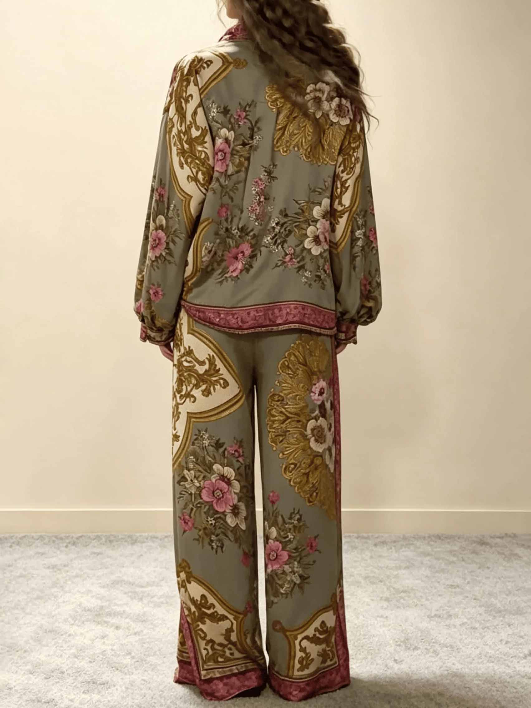 Retro Floral Baroque Print Satin Wide-Leg Pants