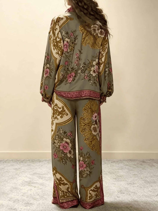 Retro Floral Baroque Print Satin Wide-Leg Pants