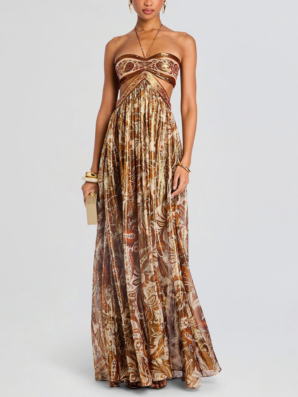 Elegant Hollow Print Halter Neck Backless Maxi Dress Gold