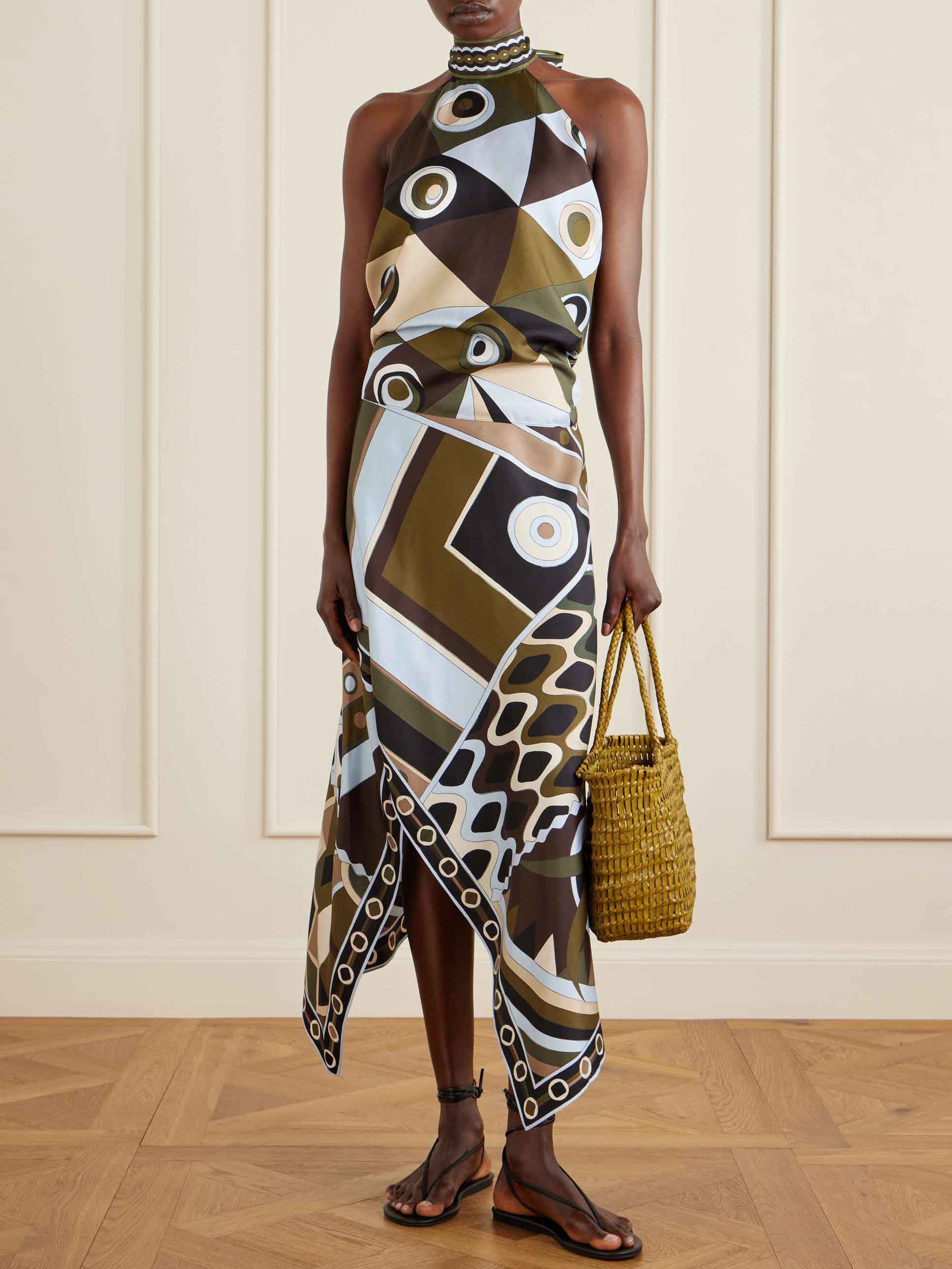 Retro Geometric Print Asymmetrical Skirt Two-Piece Set Multi