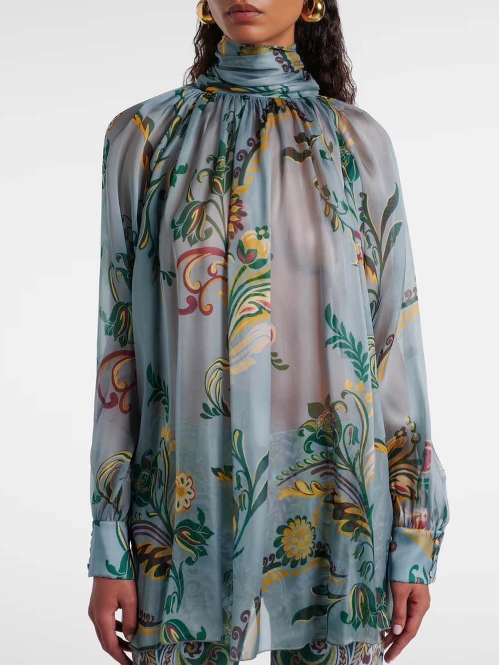 Delicate Floral Pleated Chiffon Blouse High-Waist Straight-Leg Pants Set