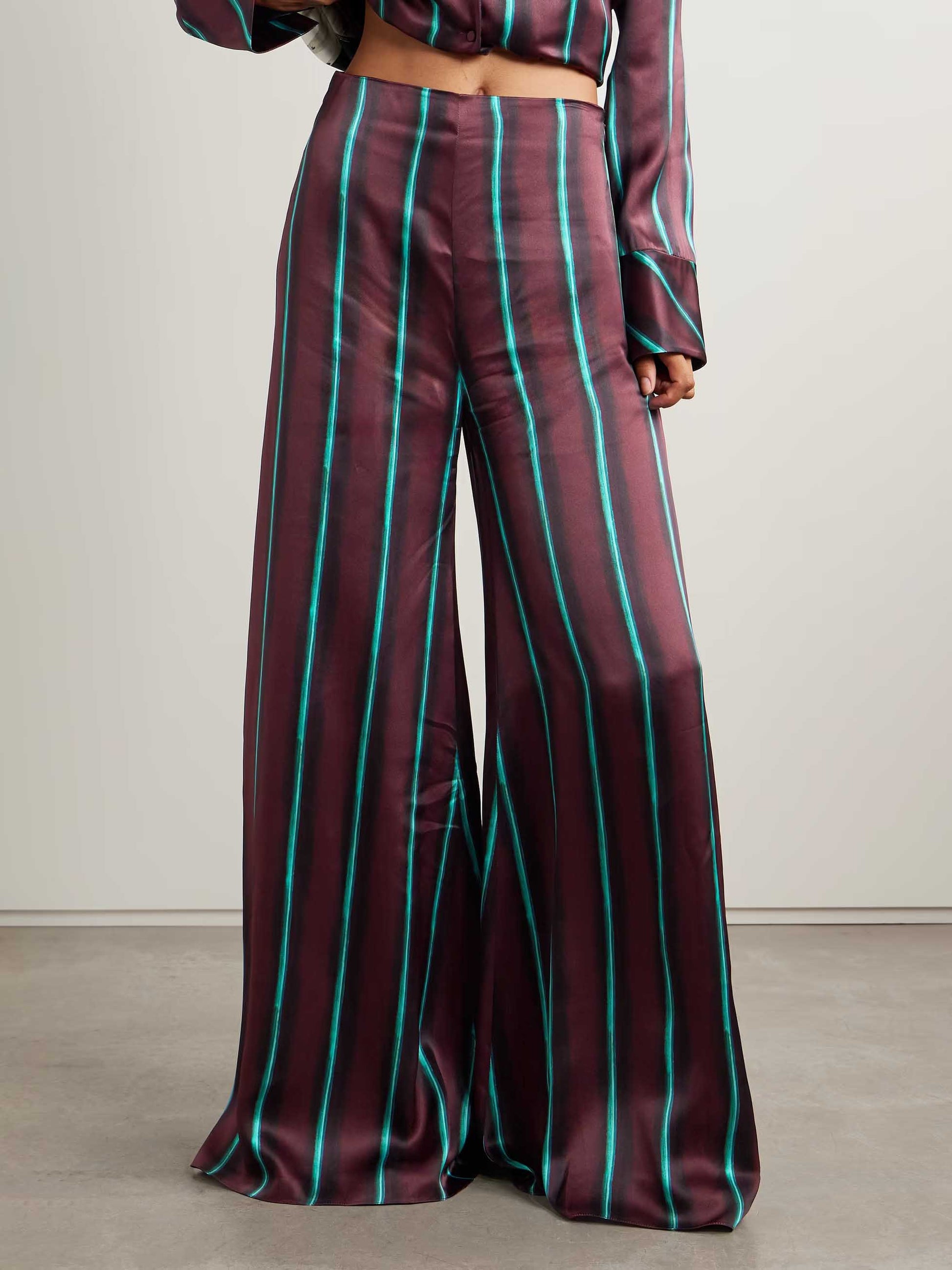Exquisite Satin Stripe Print Flared Pants Dark Purple