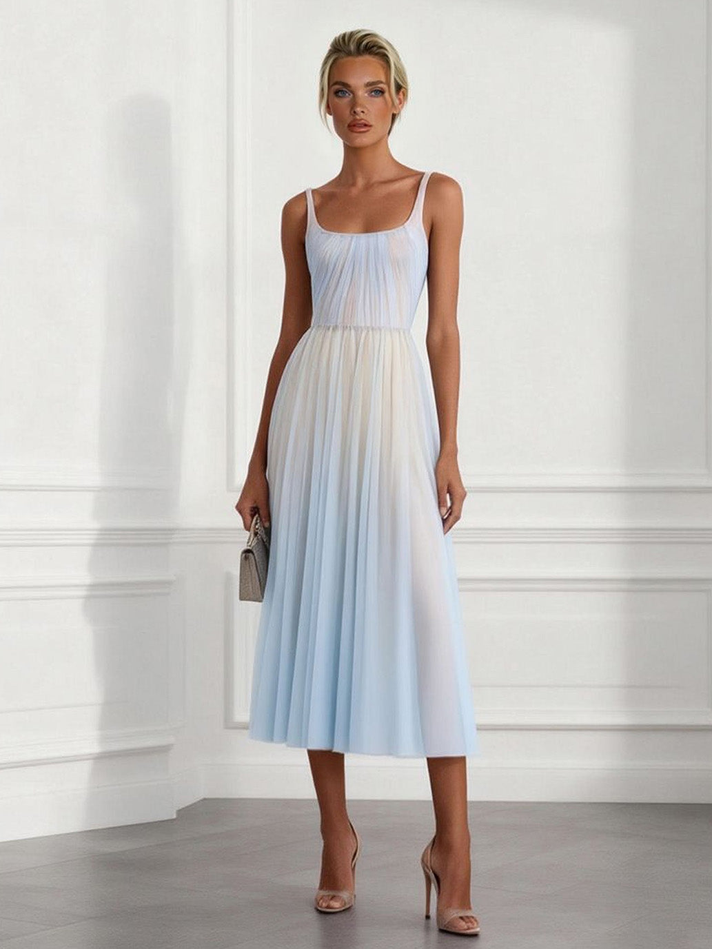 Elegant Pleated Gradient Spaghetti Strap Midi Dress Blue