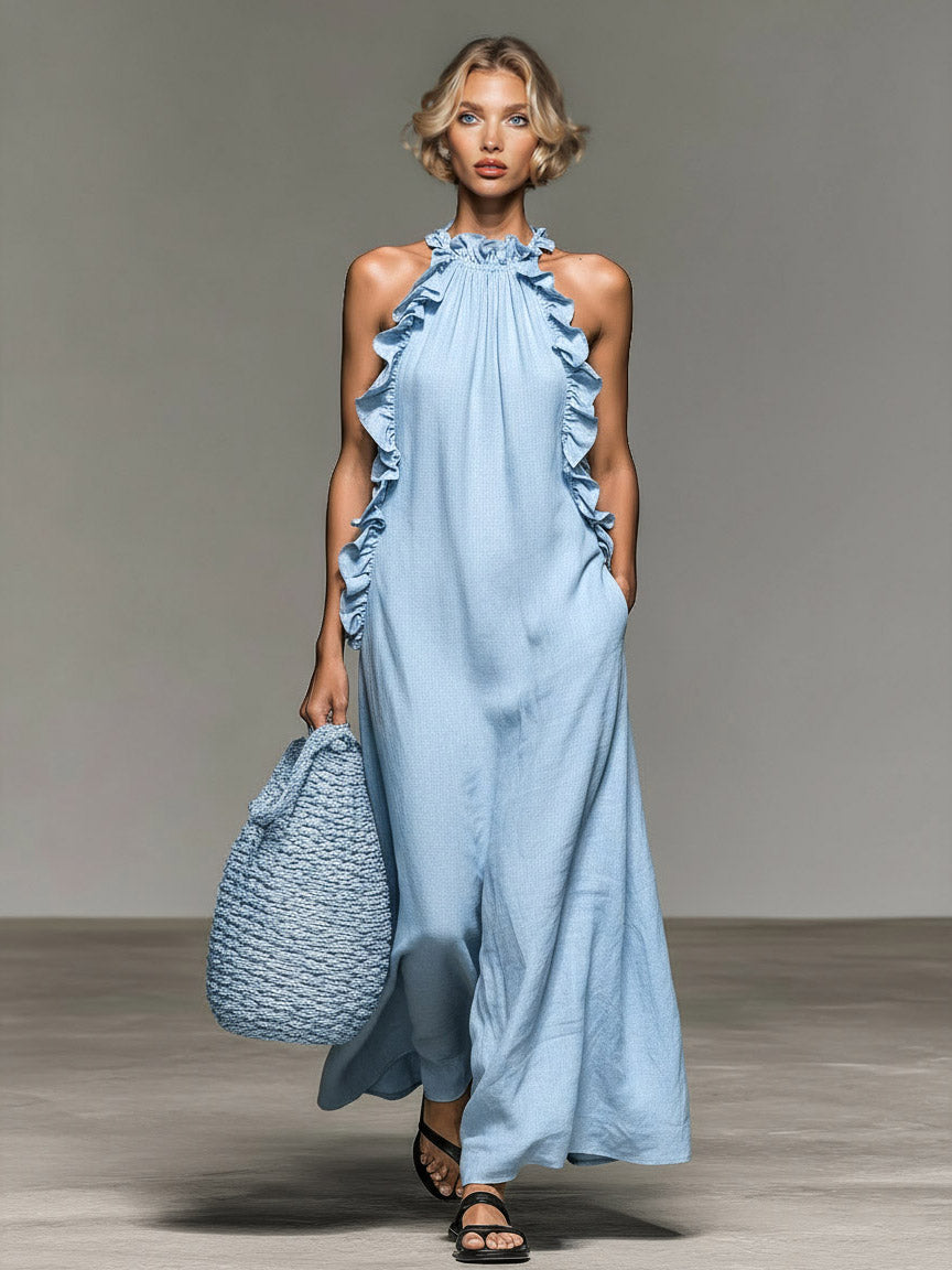 Elegant Ruffle Halter Neck Maxi Dress Blue