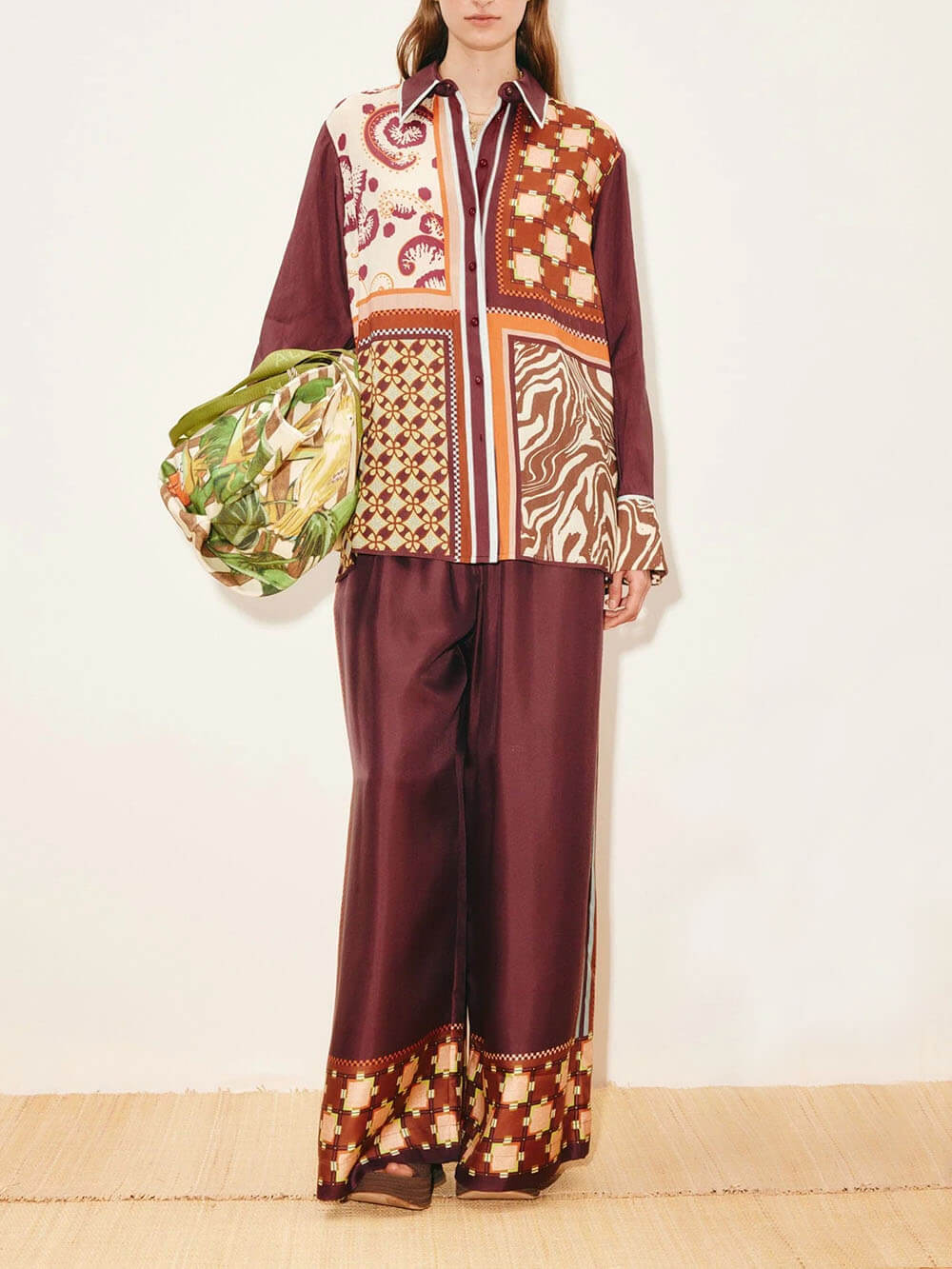 Unique Paisley Color-Block Satin Elastic Waist Wide-Leg Pants