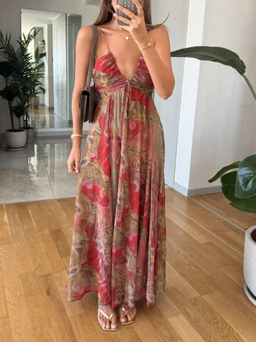 Retro Plant Print V-neck Suspender Maxi Dress Red
