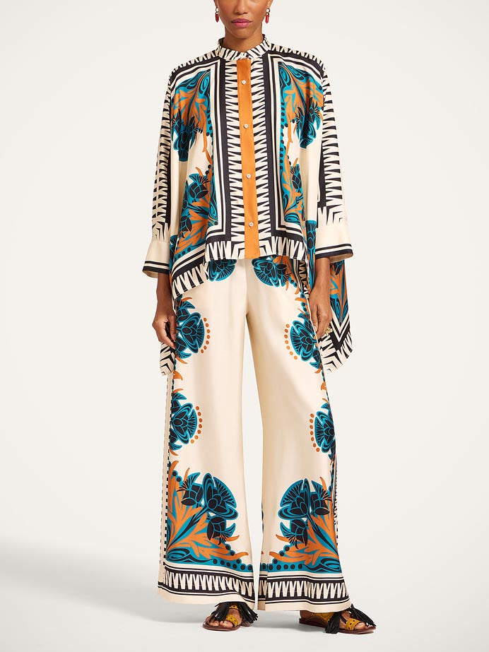 Exquisite Satin Floral Print Shirt & Wide-Leg Pants Set Cream Set