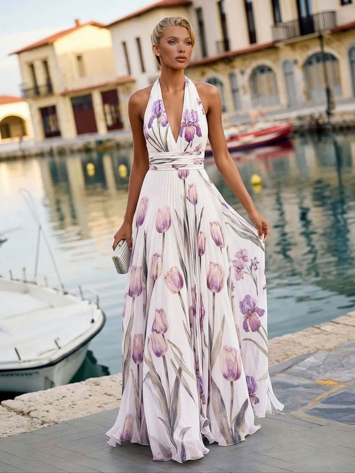 Elegant Tulip Print Pleated Chiffon Maxi Dress Purple
