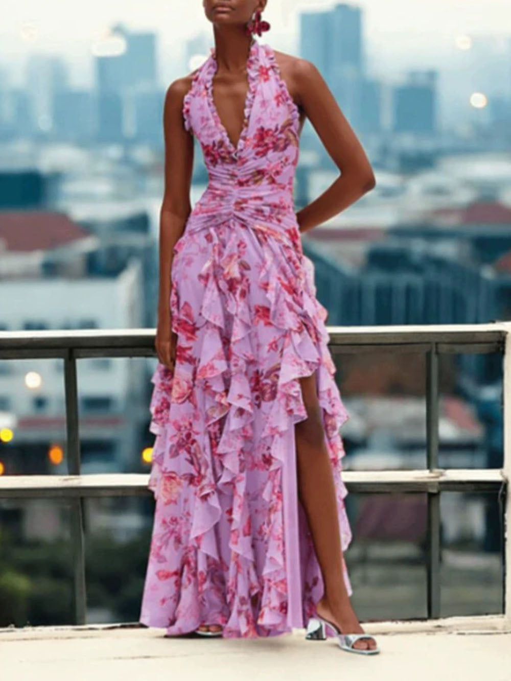 Fashionable Printed Pleated Waist-cinching Dress Pink