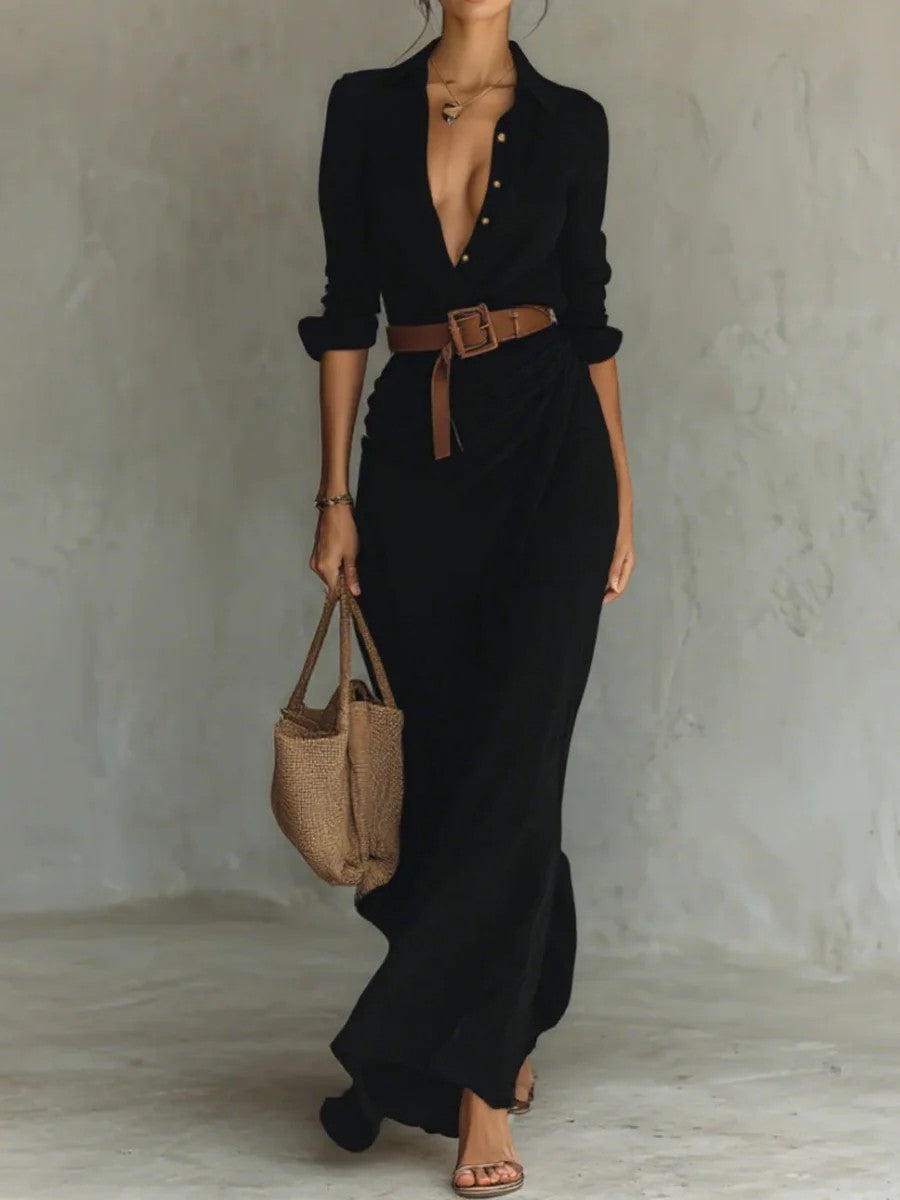Elegant V-neck Pleated Waist Slit Maxi Dress Black