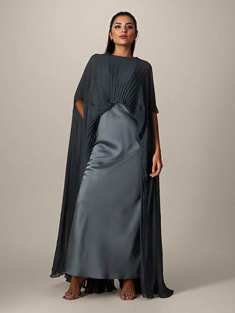 Pleated Shawl Detail Satin Maxi Dress Dark Gray