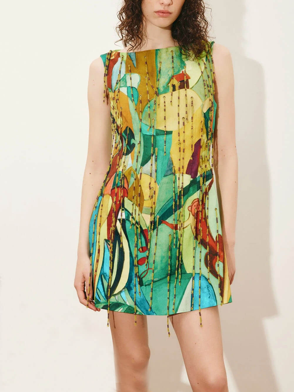 Exquisite Printed Straight Neck Fringe Mini Dress Multicolor