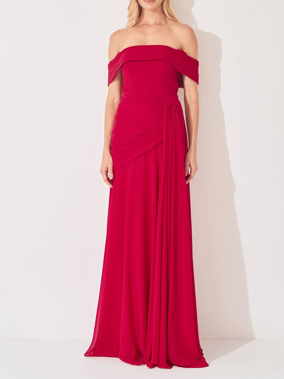 Elegant Off Shoulder Ruched Chiffon Maxi Dress Red